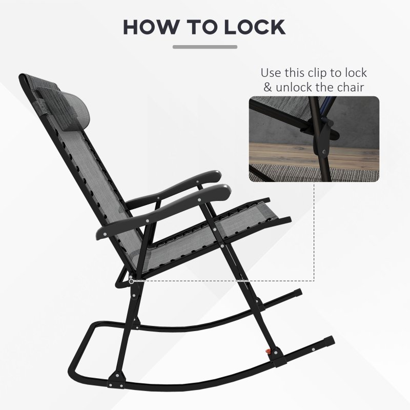 Outsunny Garden Rocking Chair Folding Outdoor Adjustable Rocker Zero-Gravity Seat with Headrest Camping Fishing Patio Deck, 95 x 64 x 106 cm - Grey