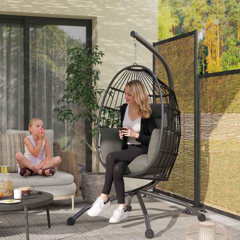 Outsunny Hanging Egg Chair Outdoor Indoor Garden Swing Chair with Folding Basket and Thickened Cushion, Garden Hanging Chair with Stand, Headrest, Cup Holder for Patio, Balcony, Dark Grey