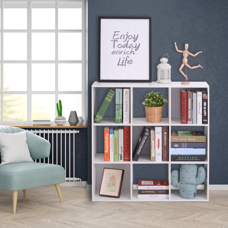 HOMCOM 3 Tier Bookshelf, Modern Cube Bookcase with 9 Open Storage Compartments, Freestanding Display Storage Unit for Living Room, Bedroom, Study, White