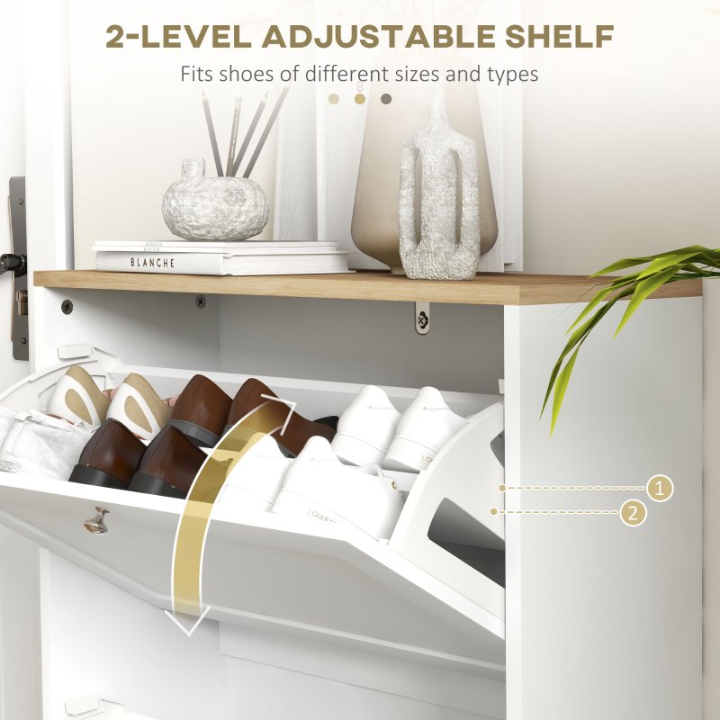 HOMCOM Slim Shoe Storage Cabinet for Hallway, Modern Narrow Shoe Cabinet with 2 Flip Drawers and Adjustable Shelves for 12 Pairs of Shoes, White