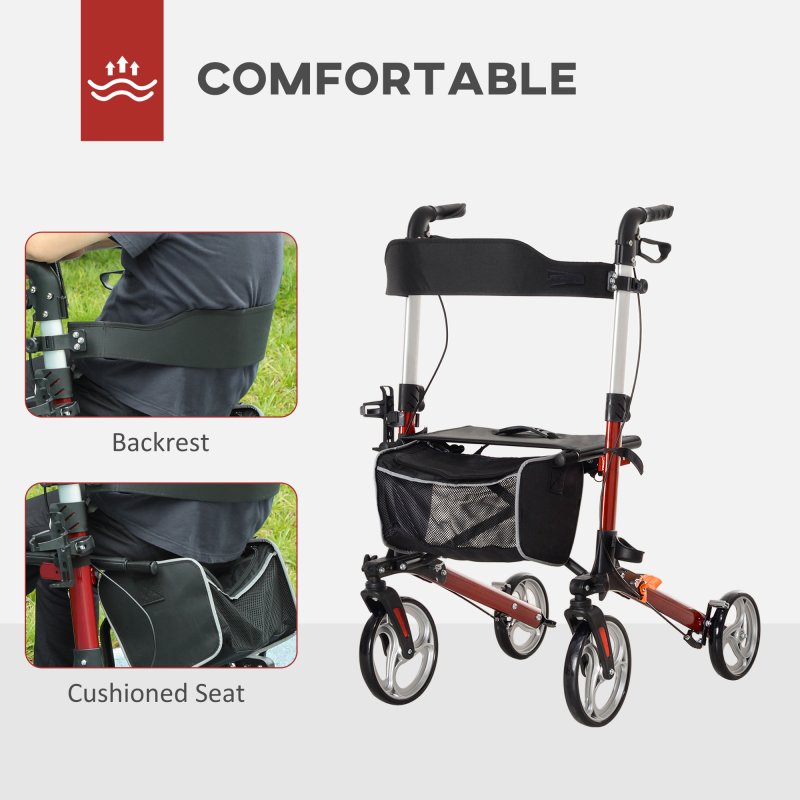 HOMCOM Folding Rollator Walker with Seat and Backrest, for Tall Over 6'9", Lightweight Walking Frame with Storage Bag, Dual Brakes, Adjustable Handle Height, Cane Holder, 4 Wheeled Walker for Seniors