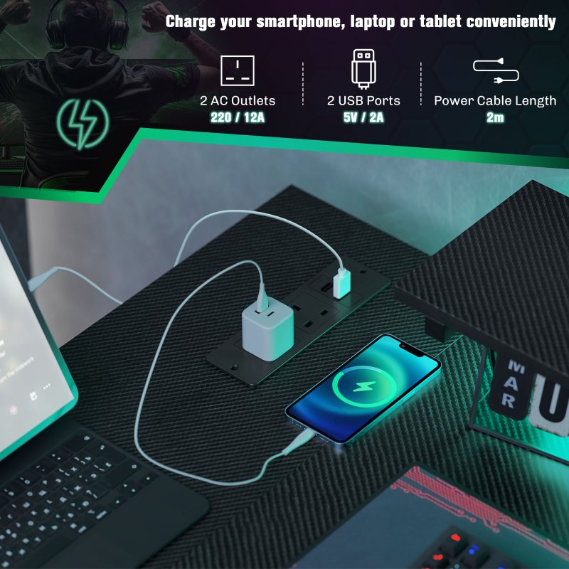 HOMCOM L Shaped Gaming Desk with LED Lights, Power Outlet, USB Charging Ports, 107cm Reversible Corner Computer Desk with Storage Shelves, Monitor Stand for Home Office, Small Space, Black