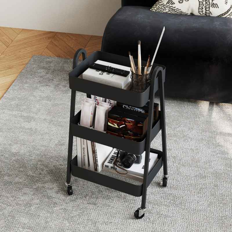 HOMCOM 3-Tier Storage Trolley on Wheels, Rolling Utility Cart with Handles, Mobile Kitchen Storage Cart for Living Room, Dining Room, Bedroom, Bathroom