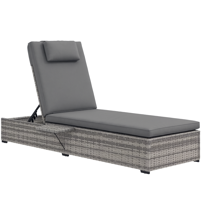 Outsunny Outdoor Patio PE Rattan Lounger with Cushion, 5-Level Reclining Wicker Rattan Sun Lounger with Tea Tray, for Poolside, Patio, Deck, 120kg Weight Capacity, Grey