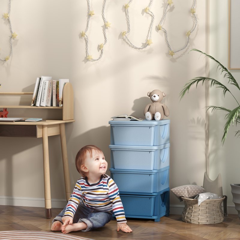 HOMCOM Kids Storage Units with 4 Drawers 4 Tier Chest Vertical Dresser Tower Toy Organiser for Nursery Playroom Kindergarten Blue