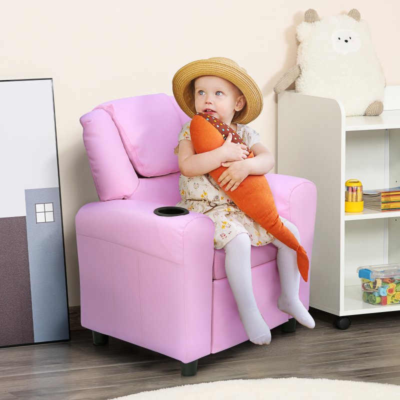 HOMCOM Kids Recliner, PU Leather Kids Armchair, Child Chair, Toddler Armchair with Adjustable Backrest, Footrest, Padded Headrest, Cup Holder, Pink