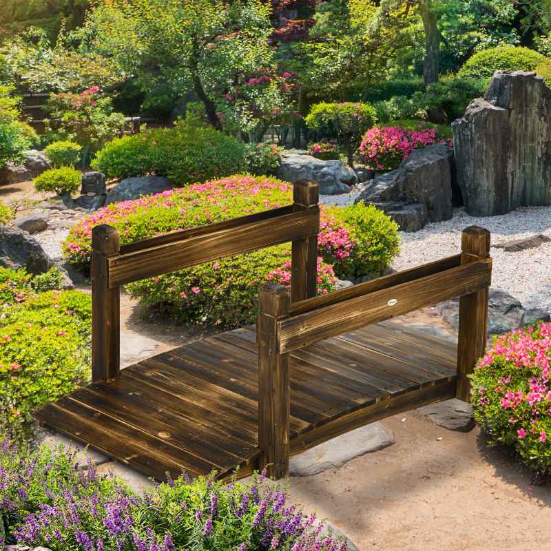 Outsunny 5FT Wooden Garden Bridge with Planters on Safety Railings, Stained Finish Arched Footbridge for Pond, Stream, Carbonized