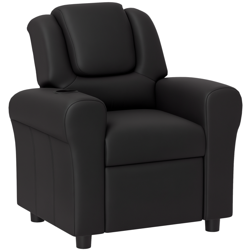 HOMCOM Kids Recliner, PU Leather Kids Armchair, Child Chair, Toddler Armchair with Adjustable Backrest, Footrest, Padded Headrest, Cup Holder, Black
