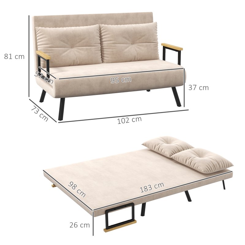 HOMCOM 2 Seater Sofa Bed, Click Clack Convertible Bed Settee, Modern Velvet Feel Fabric Sofa Couch with 2 Tufted Cushions, Wood Armrests for Living Room, Bedroom, Guest Room