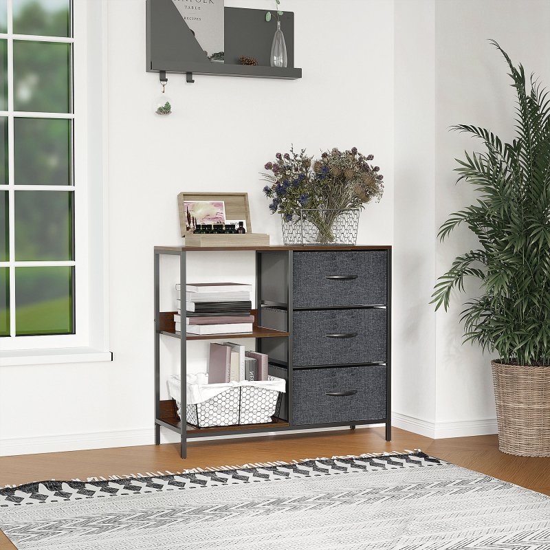 HOMCOM Chest of Drawers Storage  Dresser Cabinet Organizer with 3 Fabric Drawers and 2 Display Shelves for Living Room, Bedroom, Hallway