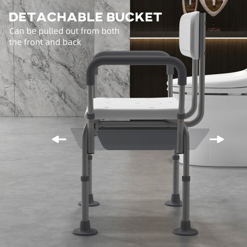 HOMCOM Height Adjustable Shower Chair with Arms and Back, Non-Slip Shower Stool, Bedside Commode with Detachable Bucket for Elderly, Seniors, Disabled, White