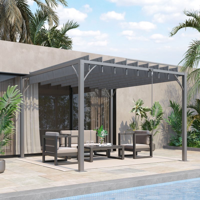 Outsunny 3 x 3(m) Outdoor Louvered Pergola with Adjustable Roof, AluminIum Patio Gazebo Canopy with Ground Stakes for Patio, Lawn, Garden, Grey