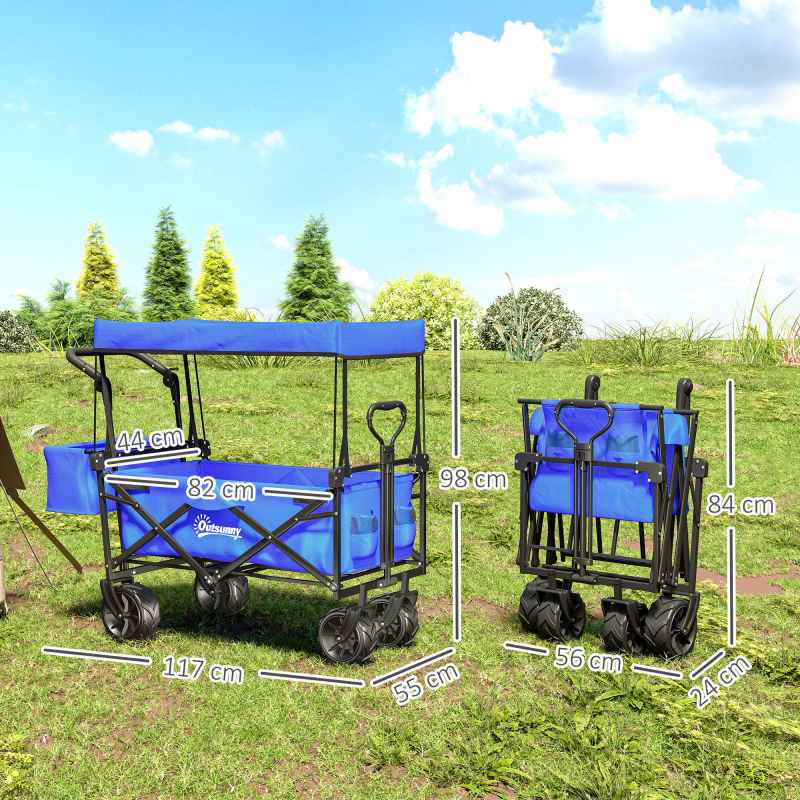 Outsunny 120L Festival Trolley on Wheels, Folding Camping Trolley Cart with Removable Canopy, All-Terrain Wheels, Adjustable Handle and Side Pockets for Garden Beach Fishing Shopping, Blue