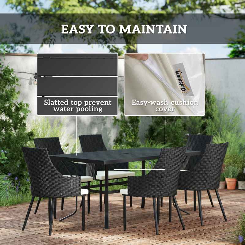 Outsunny 6 Seater Rattan Dining Set with Cushions, Garden Furniture Set with Armchairs, Rectangle Slatted Table Top, Steel Frame, Parasol Hole, Wicker Outdoor Furniture for Patio, Balcony, Cream White