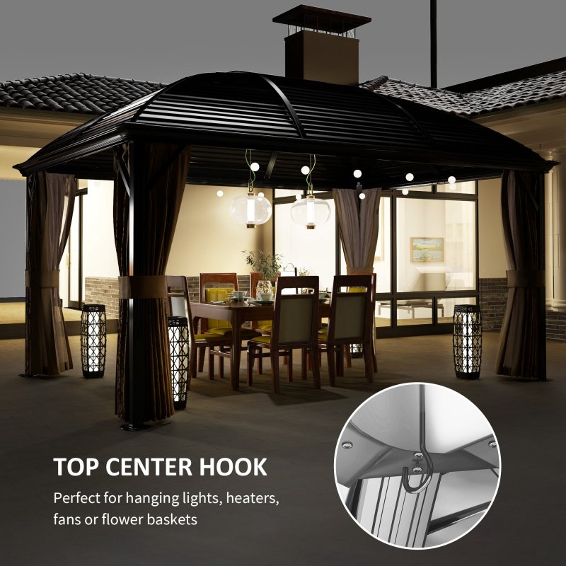 Outsunny 3 x 4m Hardtop Gazebo Canopy with Metal Roof, Aluminium Gazebo Permanent Pavilion with Netting and Curtains, Brown