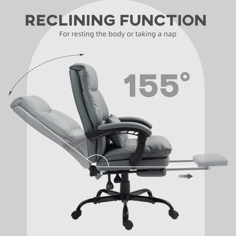 HOMCOM Executive Office Chair with Footrest, PU Leather High Back Desk Chair with Lumbar Support, Swivel Computer Chair with Adjustable Height and Padding Armrests, Grey
