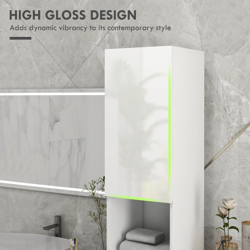 kleankin High Gloss Slim Bathroom Cabinet, Free Standing Bathroom Storage Cabinet with 2 Open Shelves, 2 Door Cupboards and Adjustable Shelves, White