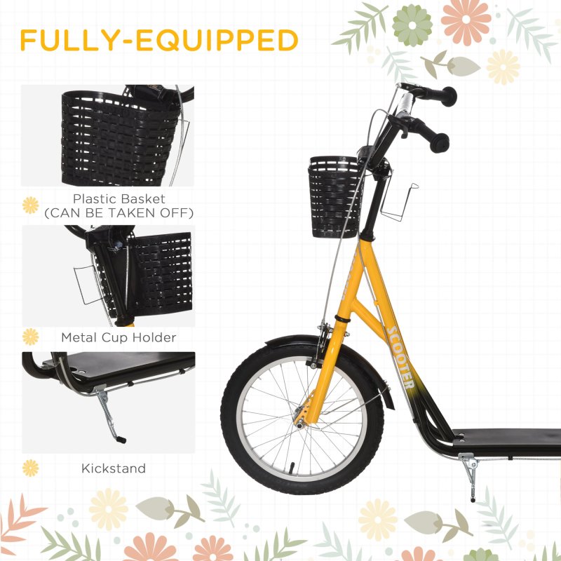 HOMCOM Kids Scooter, Kick Stunt Scooter with Adjustable Handlebar, Dual Brakes, Basket, Cupholder, Mudguard, 16