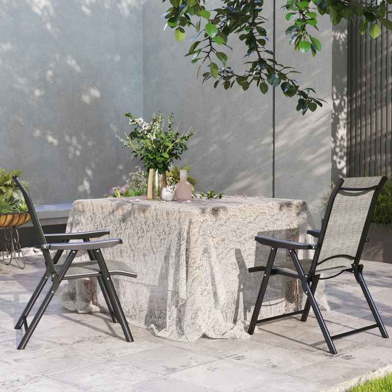 Outsunny Set of 2 Folding Chair, Garden Chair Set with Breathable Mesh Back and Seat, Outdoor Camping Chairs with Armrests, Steel Frame for Deck Balcony, Black and Grey