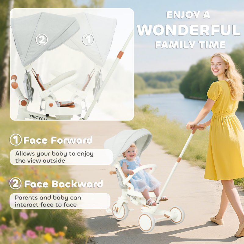AIYAPLAY Kids Trike, Foldable Toddler Tricycle 5 in 1 with Adjustable Parent Handle & Removable Canopy, 5-point Safety Harness, Footrest, Storage Bag, for Ages 1-3 Years, Cream White