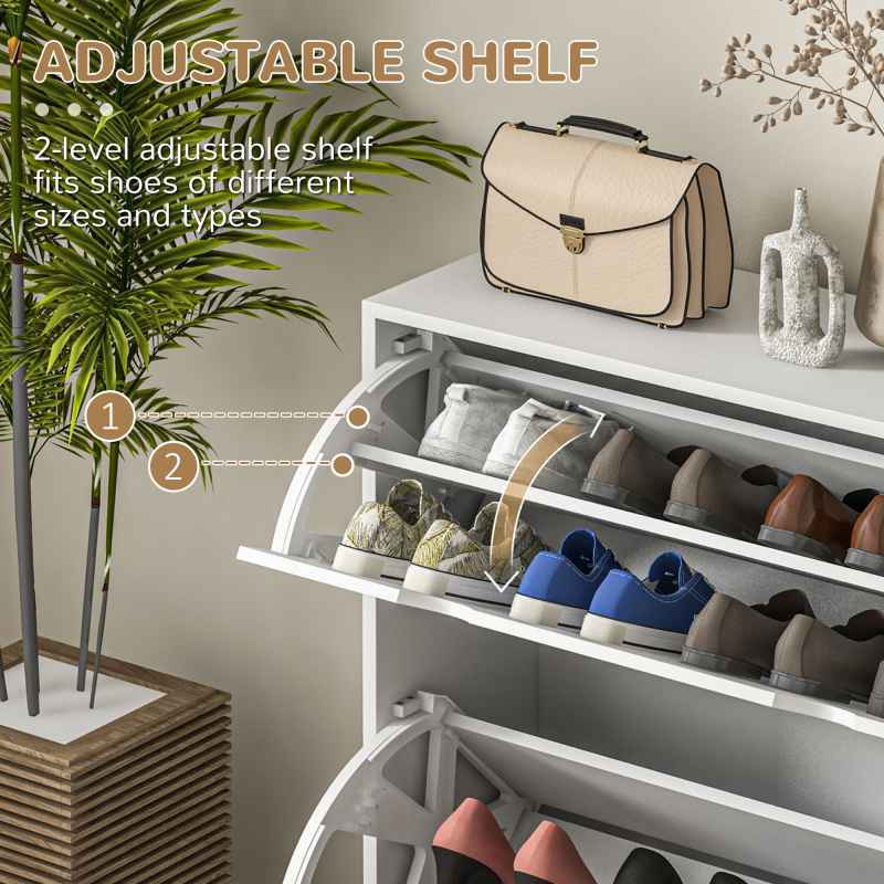 HOMCOM 2 Drawers Entryway Shoe Cabinet, Narrow Shoe Storage Cabinet with 2 Flip Drawers, Louvred Door Design and Adjustable Shelves for 16 Pairs of Shoes, White