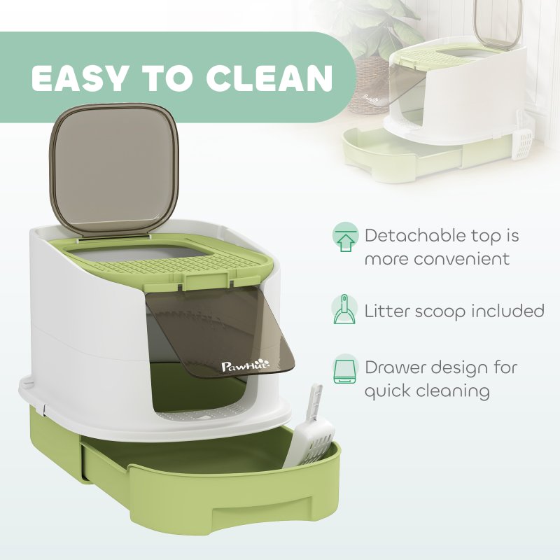 PawHut Cat Litter Tray with Lid, Cat Litter Box with Deodorisation Bags, Scoop, Top Entry, Litter Tray with Drawer Pan, Green
