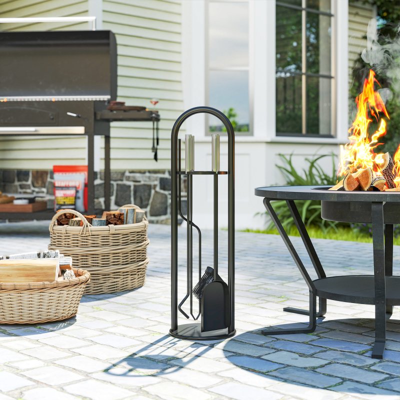 Outsunny 5 Pieces Fireplace Tools Set, Metal Fireplace Accessories Fireside Companion Set with Broom, Shovel, Poker and Bucket, Silver