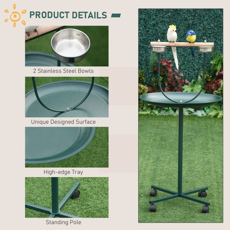 PawHut Bird Perch Stand, T-Stand Bird Training with Perch, Four Wheels, Feeding Bowls, Parrot Stand for Small, Medium Birds, Green