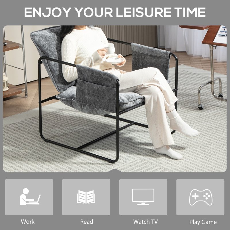 HOMCOM Modern Accent Chair, Chenille Armchair with Side Pockets and Steel Frame, Upholstered Reading Chair for Bedroom, Living Room, Grey