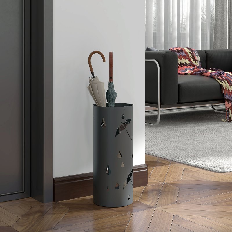 HOMCOM Steel Umbrella Stand, Round Umbrella Holder with 4 Hooks and Removable Drip Tray, Hollowed Umbrella Basket for Hallway, Dark Grey