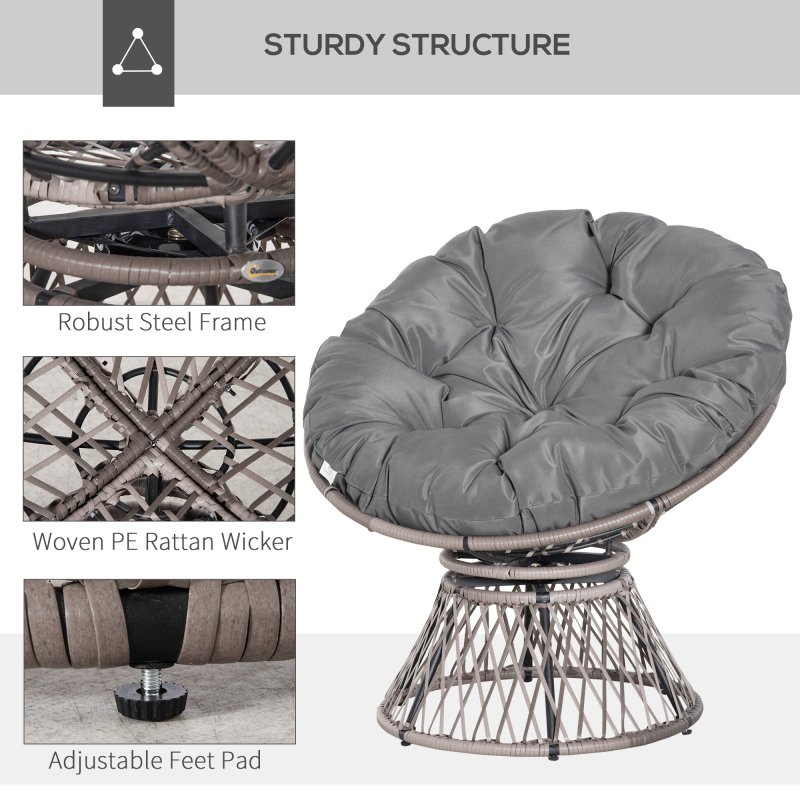 Outsunny 360 Swivel Rattan Papasan Moon Bowl Chair Round Lounge Garden Wicker Basket Seat with Padded Cushion Oversized for Outdoor Indoor, Grey