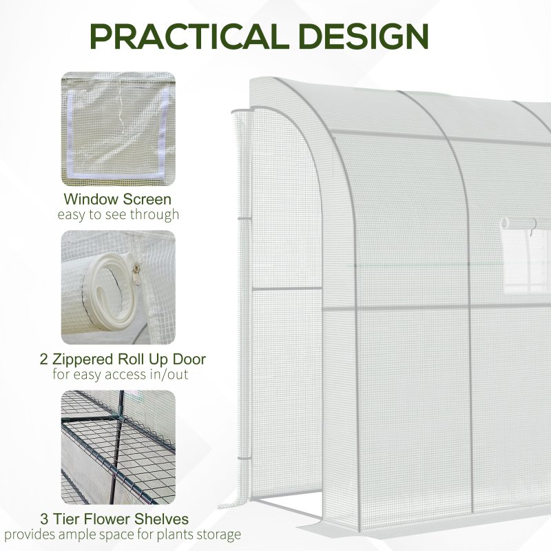 Outsunny Walk-In Lean to Wall Greenhouse with Windows and Doors, Outdoor Green House with 3 Tiers 4 Wired Shelves, 200L x 100W x 215Hcm, White