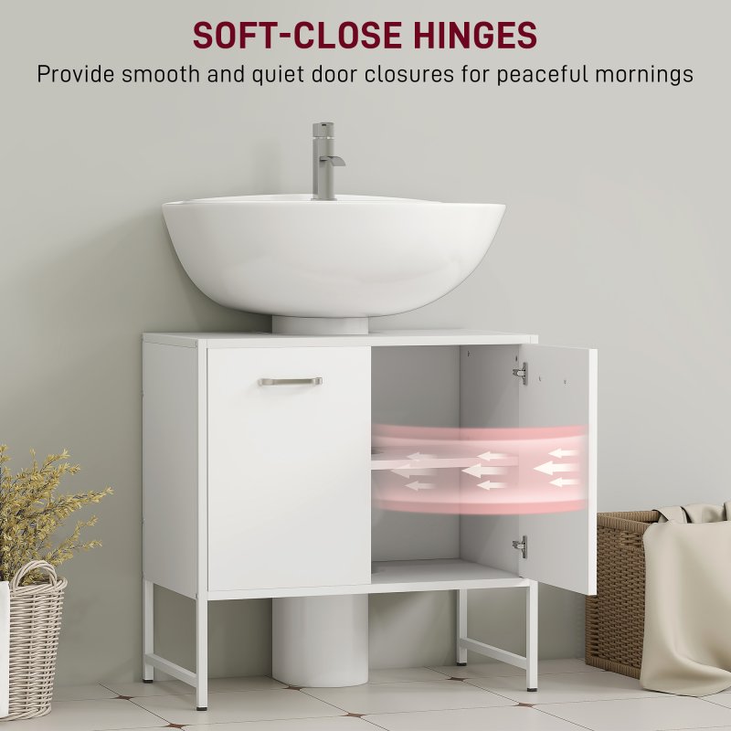 HOMCOM Under Sink Bathroom Cabinet, Freestanding Under Sink Cabinet with Soft-Close Doors and Adjustable Shelf for Basin without or with Pedestal