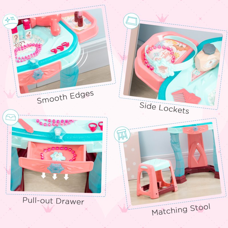 AIYAPLAY 31 Pieces Kids Dressing Table Set with Magical Princess Mirror, Music Lights, Makeup Accessories, Hair Dryer, Chair, Drawer for Ages 3-6 Years