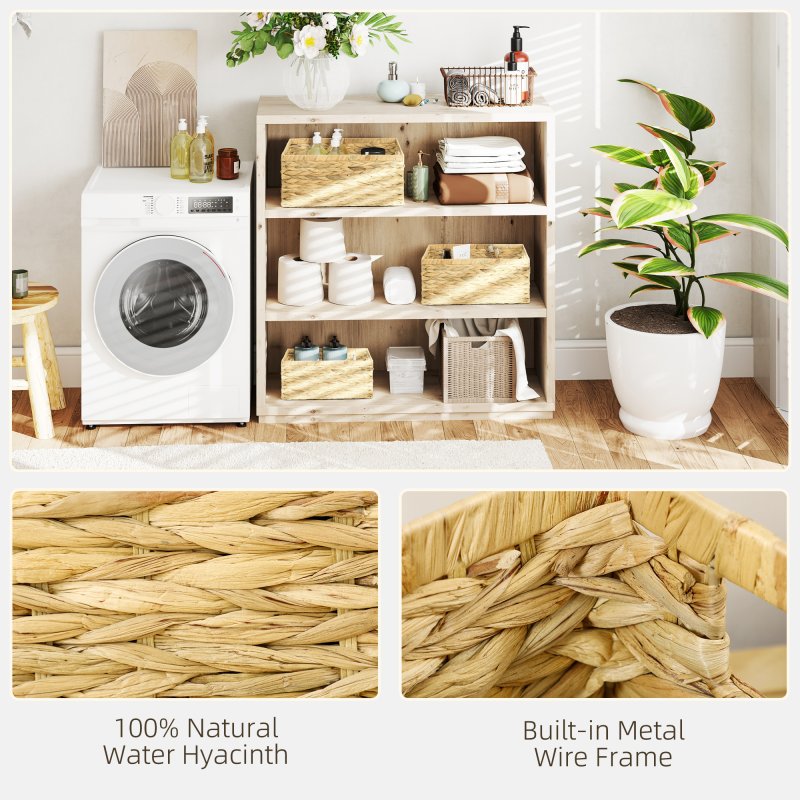 HOMCOM Set of 3 Wicker Storage Baskets, Woven Baskets with Handles, for Organizing, Storage Boxes for Shelves, Bedroom, Living Room, Bathroom, Natural Tone