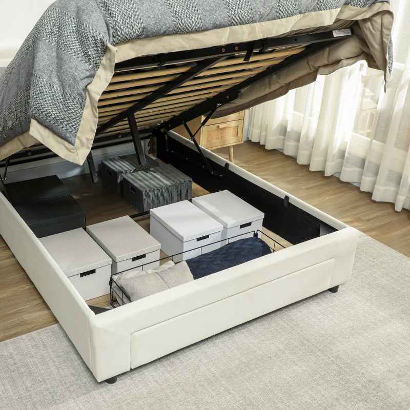 HOMCOM Double Ottoman Bed Frame, 4ft6 Gas Lift Storage Bed with 2-Level Adjustable Velvet Upholstered Headboard, Wheeled Drawer and Wooden Slats, No Mattress, Cream White