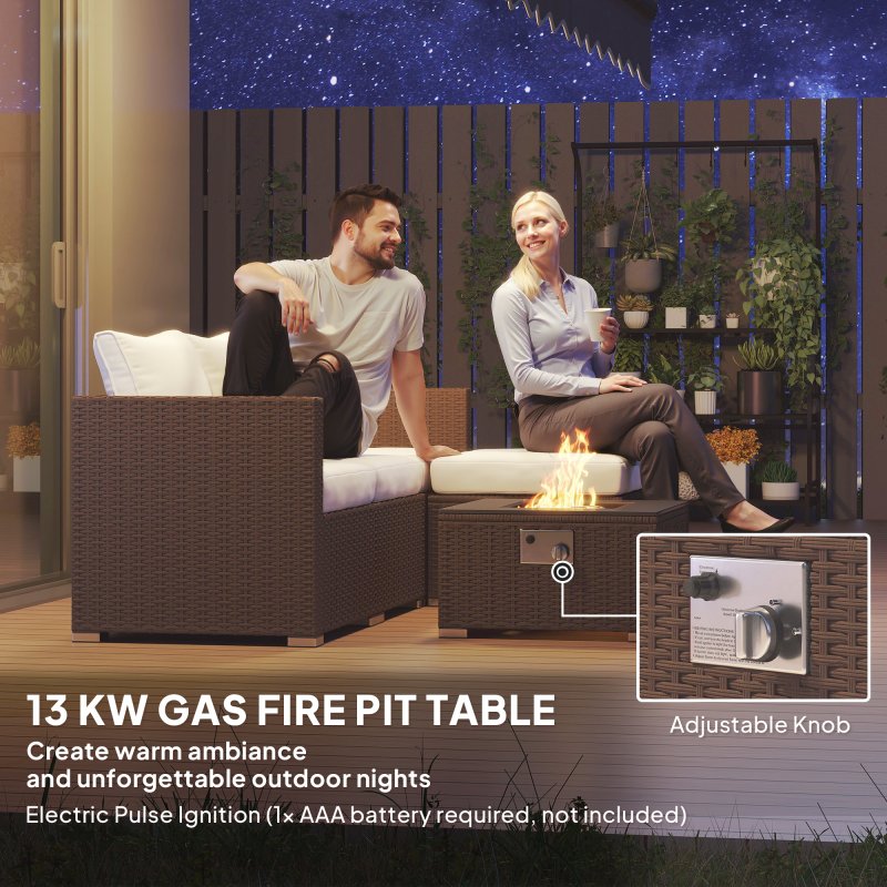 Outsunny 5 Piece Rattan Garden Furniture Set with Gas Fire Pit Table, 4 Seater Outdoor Sectional Sofa Set with Footstool and Removable Cushions, Modular Combination, Brown and Cream White
