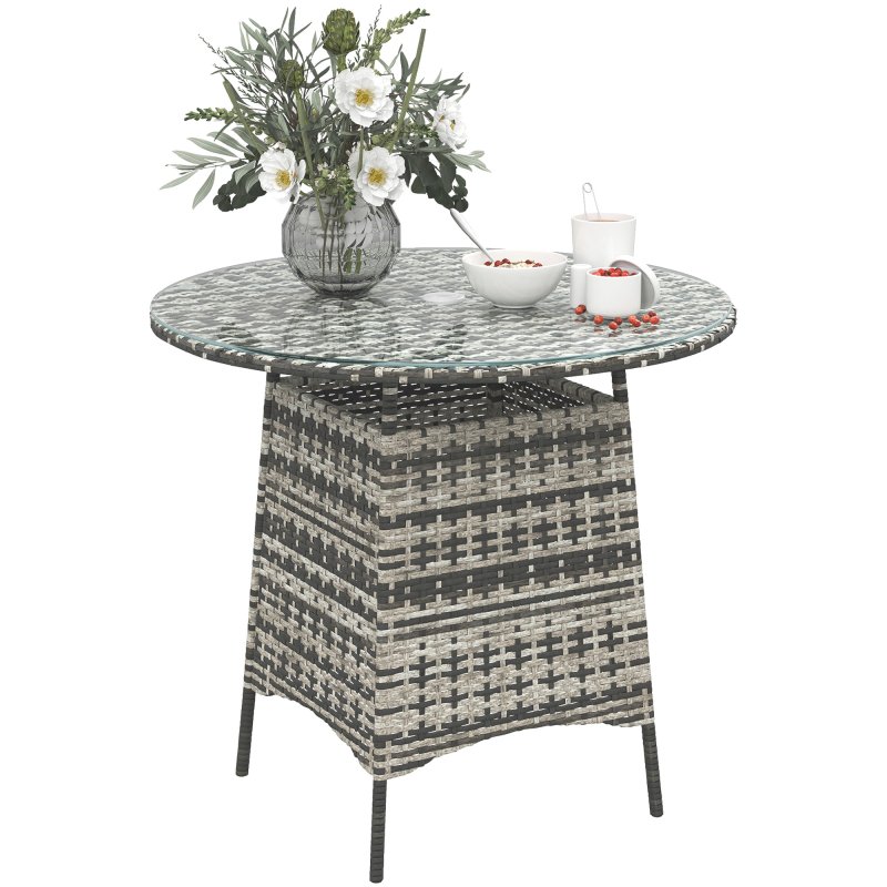 Outsunny Wicker Garden Rattan Table, Patio Furniture Outdoor Coffee Table with Umbrella Hole and Tempered Glass Top, Grey