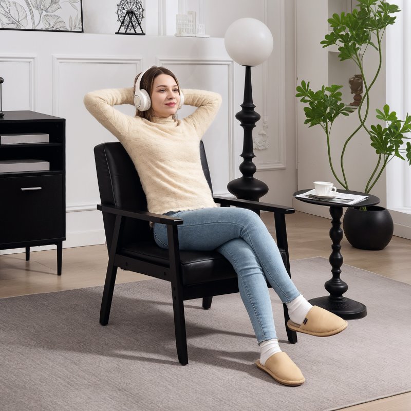 HOMCOM Armchair, PU Leather Accent Chair, Occasional Chair with Rubber wood Frame for Living Room, Reception, Bedroom, Balcony, Black