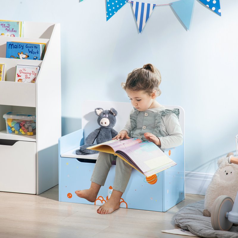 ZONEKIZ 2 in 1 Wooden Toy Box, Kids Storage Bench, Toy Chest with Safety Rod - Blue