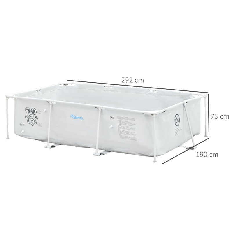 Outsunny Steel Frame Pool with Filter Pump, Filter Cartridge, Reinforced Sidewalls Rust Resistant Above Ground Swimming Pool 292 x 190 x 75cm, Grey