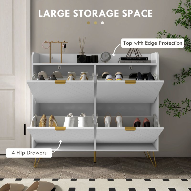 HOMCOM Narrow Shoe Cabinet with 4 Flip Drawers, Slim Shoe Storage Cabinet with Adjustable Shelves, Hairpin Legs and 4 Vents for 16 Pairs of Shoes for Entryway, White