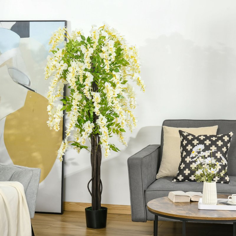 HOMCOM Artificial Realistic White Wisteria Tree Faux Decorative Plant in Nursery Pot for Indoor Outdoor D??cor, 160cm