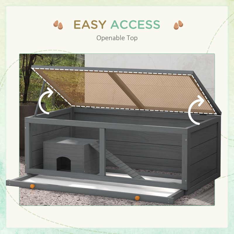 PawHut Wooden Hamster Cage, Small Animal Cage with Sliding Tray, Openable Top, Hut, Exercise Play House for Syrian Hamsters, Grey