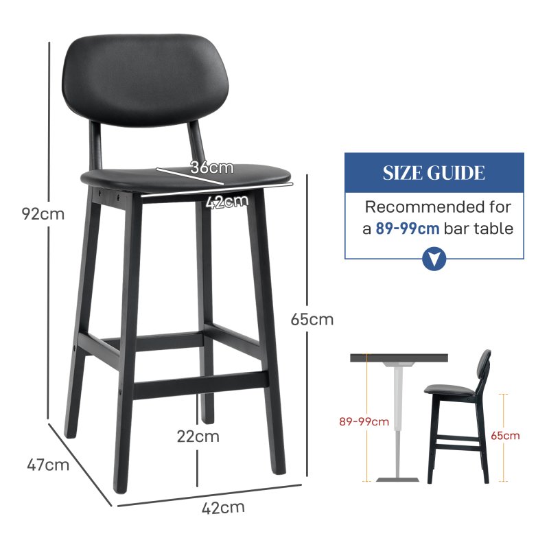 HOMCOM Bar Stools Set of 2, Breakfast Bar Chairs, PU Leather Upholstered Kitchen Stools with Backs, Footrests and Solid Wood Legs, Black