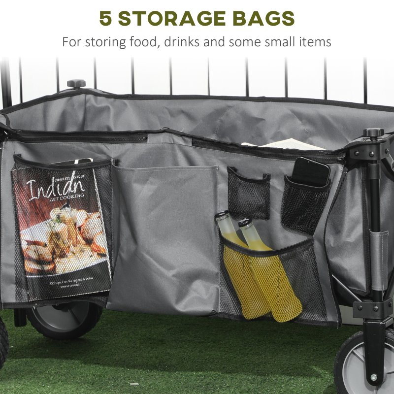 Outsunny Folding Garden Trolley, Cargo Trailer on Wheels, Collapsible Camping Trolley with Folding Board, Outdoor Utility Wagon with Steel Frame and Oxford Fabric, Dark Grey