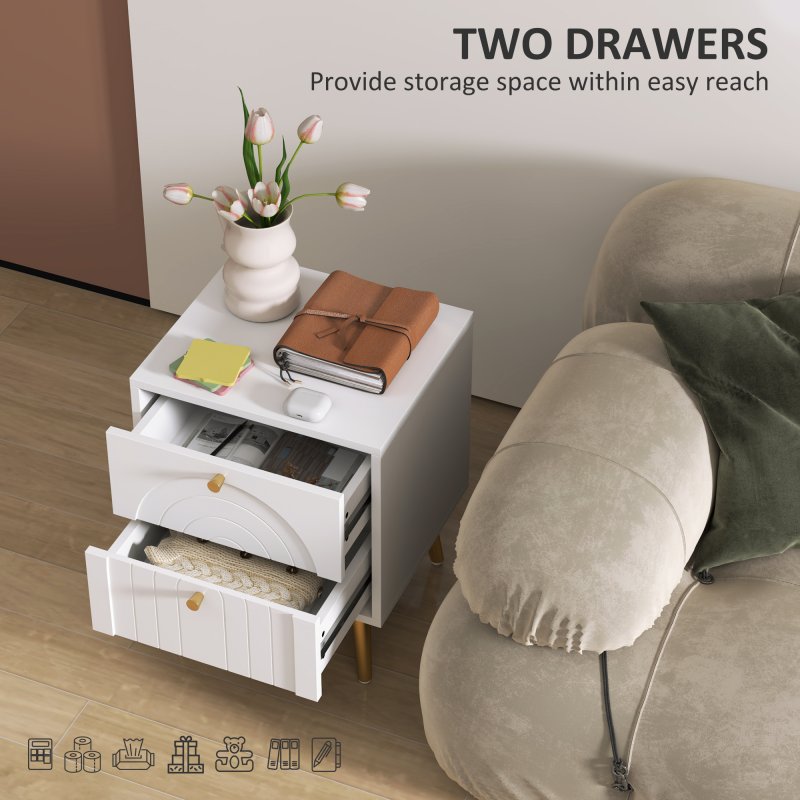 HOMCOM Bedside Table Set of 2, Modern Bedside Cabinets with 2 Drawers and Steel Legs, Side Tables for Living Room, Bedroom, 40 x 35 x 50 cm, White