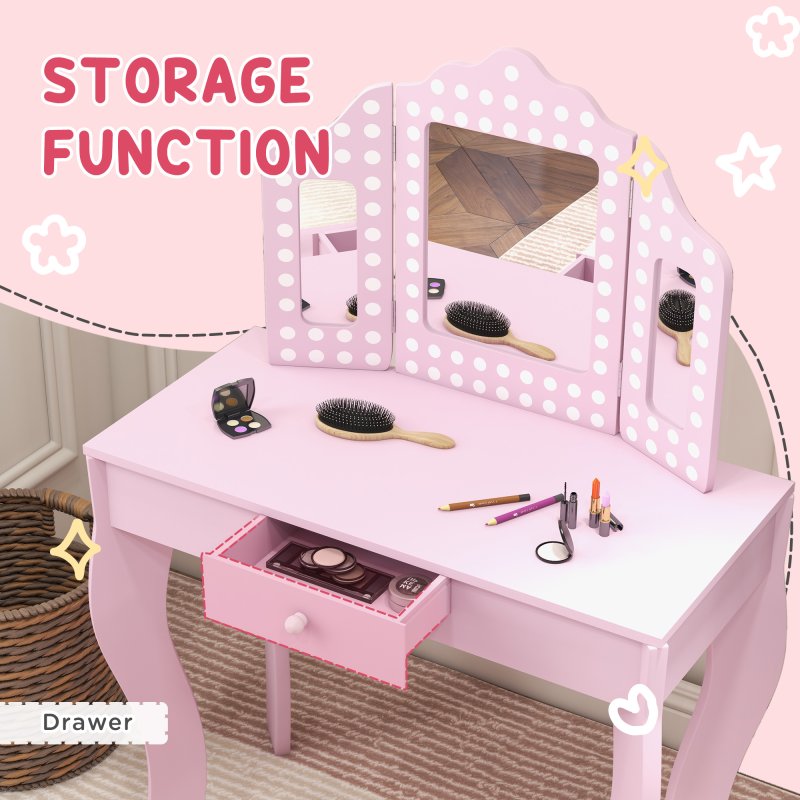 AIYAPLAY Kids Dressing Table with Tri-Fold Mirror and Stool, Kids Vanity Table, Girls Make up Desk with Drawer, for Aged 3-8 Years Old - Pink