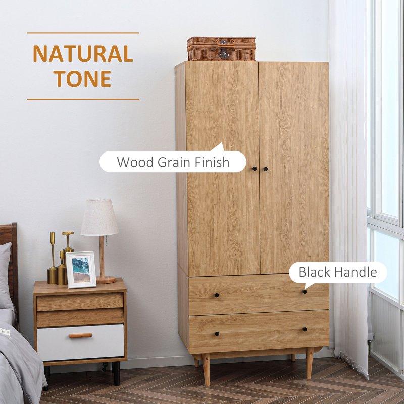 HOMCOM 2 Door Wardrobe with 2 Drawers, Hanging Rail, Anti-tipping Design for Bedroom Clothes Storage Organiser, Natural Wood Colour