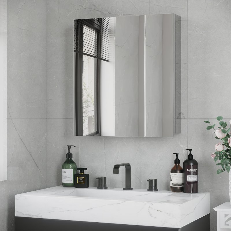 kleankin Bathroom Mirror Cabinet, Stainless Steel Wall-Mounted Bathroom Storage Cabinet with 2 Hinged Doors and Shelves for Laundry Room, 54W x 60Hcm, Silver